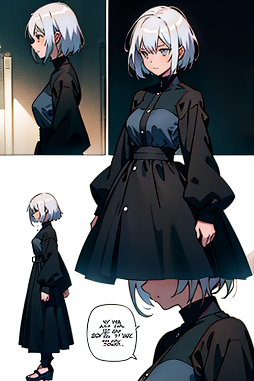 Girl with short white hair small and really skinny, excited, long black dress with puffy long sleeves, manga page with panels and dialogue