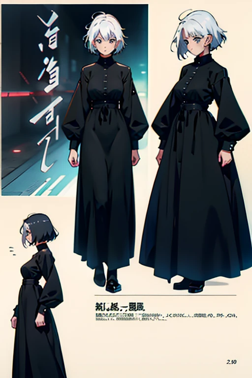 Girl with short white hair small and really skinny, excited, long black dress with puffy long sleeves, manga page with panels and dialogue  