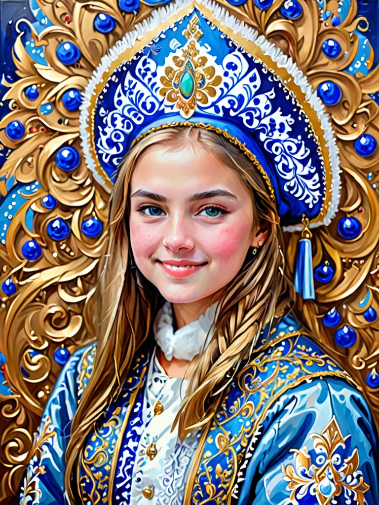 Renaissance style abstract expressionist painting waist portrait of cute girl wearing kokoshnik, new year street celebration background, . energetic brushwork, bold colors, abstract forms, expressive, emotional . Realistic, perspective, light and shadow, religious or mythological themes, highly detailed