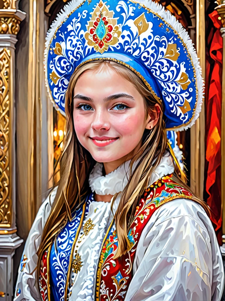 Renaissance style abstract expressionist painting waist portrait of cute girl wearing kokoshnik, new year street celebration background, . energetic brushwork, bold colors, abstract forms, expressive, emotional . Realistic, perspective, light and shadow, religious or mythological themes, highly detailed