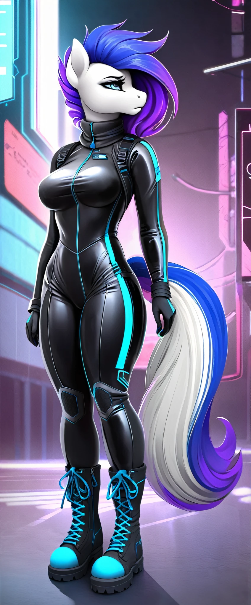 a ((full body)) cartoon picture of an anthropomorphic, android (((pony:0.9))), cyberpunk style, (((shiny latex cyberpunk neck-entry full bodysuit:1.5))), (((techwear jacket on top:0.9))), (((calf-high boots))), generic MLP style, professional drawing, female anthro pony, medium breasts, ((frowning)), (((semi realistic cream white fur))), (((detailed eyes:1.0))), electric blue colored cyberpunk mane and tail with violet tips.