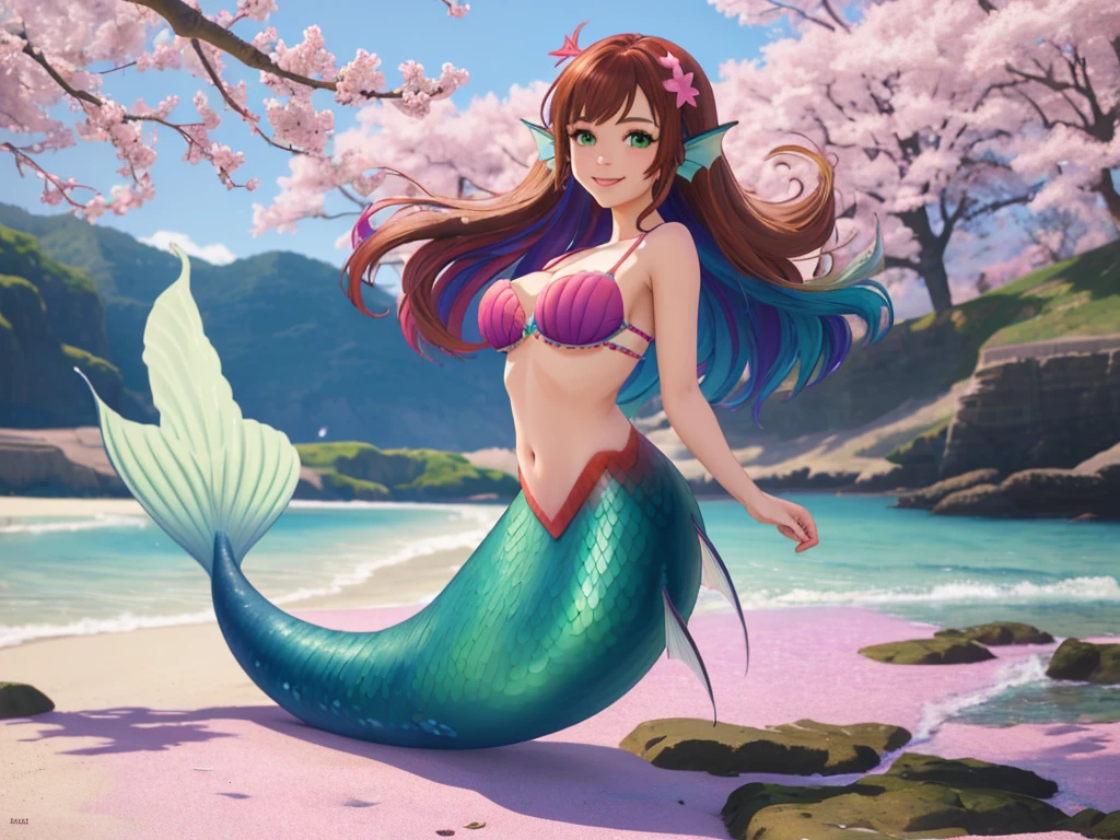 masterpiece, best quality:1.2), 1girl, smile, looking at viewer, green eyes, short brown multicolored hair, mermaid, mermaid girl, wearing purple seashell bra, laying on beach, colorful mermaid tail, outdoors, head fins, fin ears, under cherry blossoms