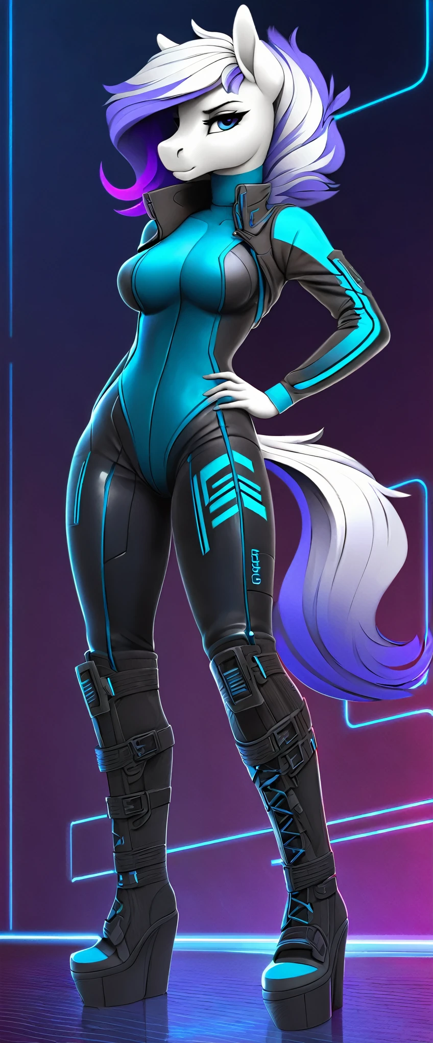 a ((full body)) cartoon picture of an anthropomorphic, android (((pony:0.9))), cyberpunk style, (((shiny latex cyberpunk neck-entry full bodysuit:1.5))), (((techwear jacket on top:0.9))), (((calf-high boots))), generic MLP style, professional drawing, female anthro pony, medium breasts, ((frowning)), (((semi realistic cream white fur))), (((detailed eyes:1.0))), electric blue colored cyberpunk mane and tail with violet tips.