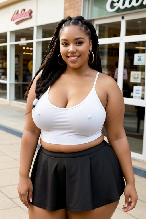 Plus size bbw extra chubby dark brown African American girl long black braids showing huge with lots of cleavage in a tiny top with spilling out and tiny shorts chunkier and larger breast tiny thin white wifebeater and black tennis skirt standing in front of a store