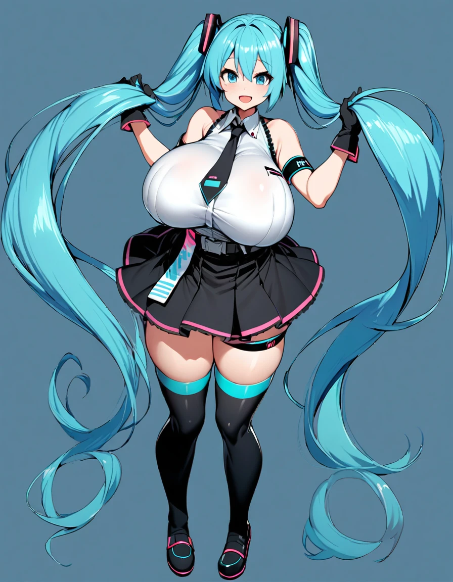 hatsune_miku, 1girl, solo, long hair, looking at viewer, smile,gigantic huge breasts, open mouth, bangs, blue eyes, simple background, thigh highs, gloves, dress, bow, ribbon,holding hair,twintails, very long hair, blue hair, full body, hair bow, belt, tie,