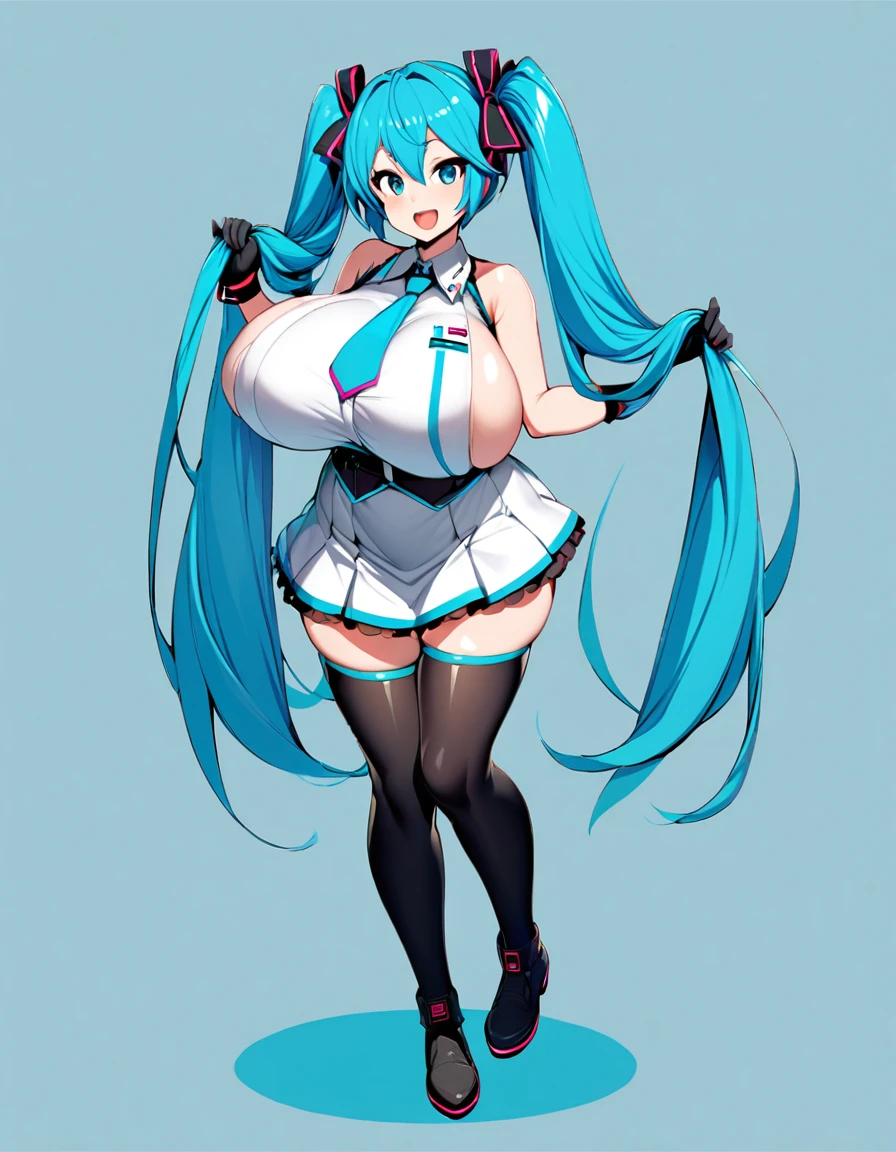 hatsune_miku, 1girl, solo, long hair, looking at viewer, smile,gigantic huge breasts, open mouth, bangs, blue eyes, simple background, thigh highs, gloves, dress, bow, ribbon,holding hair,twintails, very long hair, blue hair, full body, hair bow, belt, tie,
