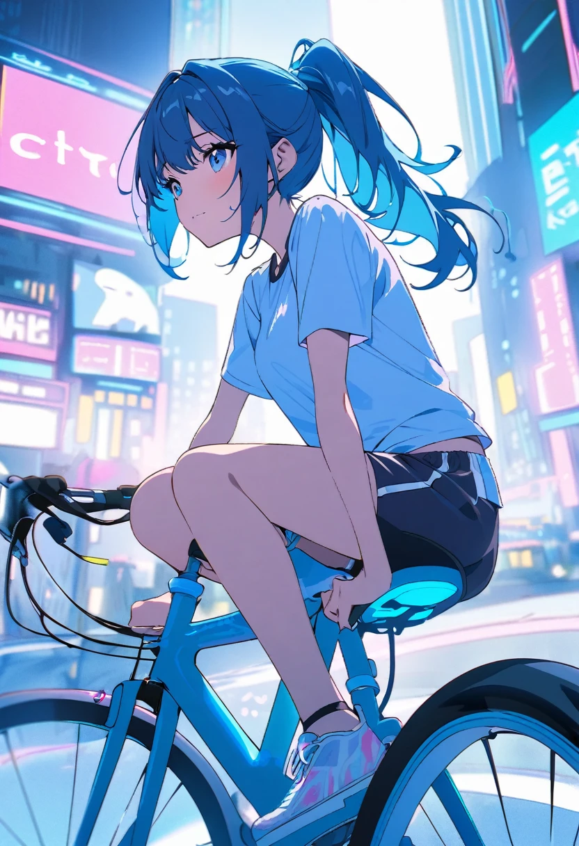 a girl sitting on top of bicycle, dolphin shorts, blue hair, ponytail, in electronic luminescence city