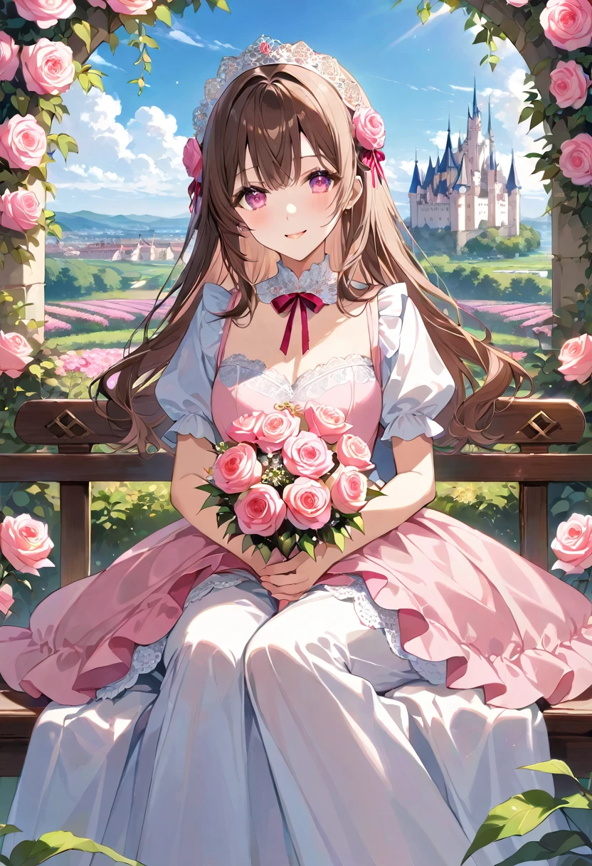 masterpiece, best quality, ultra detailed, sparkling eyes, princess dress, A beautiful anime-style illustration of a young girl with long, brown hair adorned with pink flowers. She is sitting gracefully on a wooden bench in a lush garden filled with blooming pink roses. The girl is wearing an elegant, white, vintage dress with puffed sleeves and lace details. She is holding a bouquet of pink roses in her hands and has a gentle, serene smile on her face. The background features a charming castle in the distance under a clear blue sky, adding a fairy-tale ambiance to the scene. The overall atmosphere is peaceful and romantic, with vibrant colors and soft lighting highlighting the natural beauty of the garden and the girl.