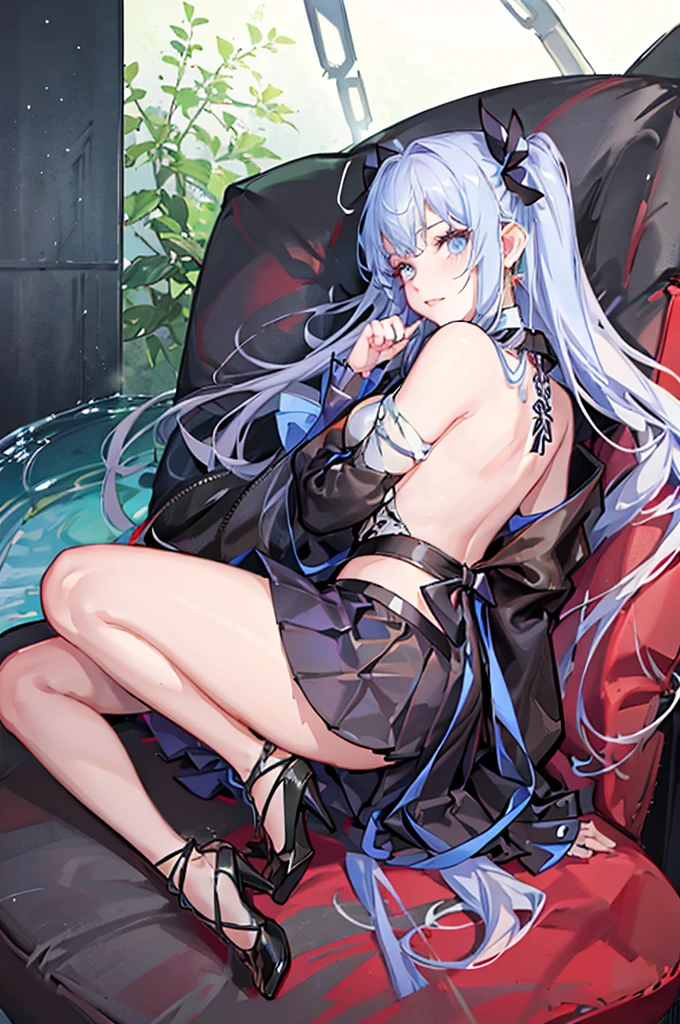 An illustration,masterpiece,girl,Bob Hair,Brown Hair,beautifuleye,Cleavage,Small breasts,(Sexy face),Cabaret Club,(VIP Room),hostess,Red backless dress,(Show me your back),(look back),Bare shoulders,((whole body:1.3)),((Black high heels:1.1)),茶色のeye,(small sparkly earrings),Close your mouth,{Depth of written border},(Particles of light:1.1).Photorealisticです、It is high resolution.、Gentle Light、1 Female、soloで、Hip Up、Glowing Skin、(A detailed face)、Hair with white waves、見る者を誘うeye、恋人eye線、inviting expression、Sexy smile、Perfection & Style、Perfect balance、Detailed skin、Naughty conflicts、I can see your chest、showing her：1.2、showing her：1.2、Horizontal feet、（At 32K、Live Shooting、Highest quality、workmanship：1.2)、(Spreading her legs wide、Spread your legs wide)、(Long twin tails)、Viewers are watching、前からeye線、Bullish、Erotic、Light blue bra、White skin、knees、(Beige pantyhose)、Absurd、Small Face、Bangs from center to center、The forehead is visible、(Embarrassed、skinny、)、workmanship、Highest quality、Ultra-high resolution、beautiful、beautiful、There is only one person、solo、Full Body、cute、Japanese women、Are standing、 （Photorealistic：1.37）、Photon interpretation、Realism、Young face、ブラウンeye、Black socks、(Red bow tie)、Radio City、Physical-based manners are cute、Maebo、Depth of written boundary、Body、Beautiful feet、Beautiful long legs、Slim legs、Tie your hair in one strand on your chest、(I can see the bangs)、lips、Blue_eye、Nose Soft、 (Shui Color)Shirt)、(Navy, blue and white checkered pleated skirt)