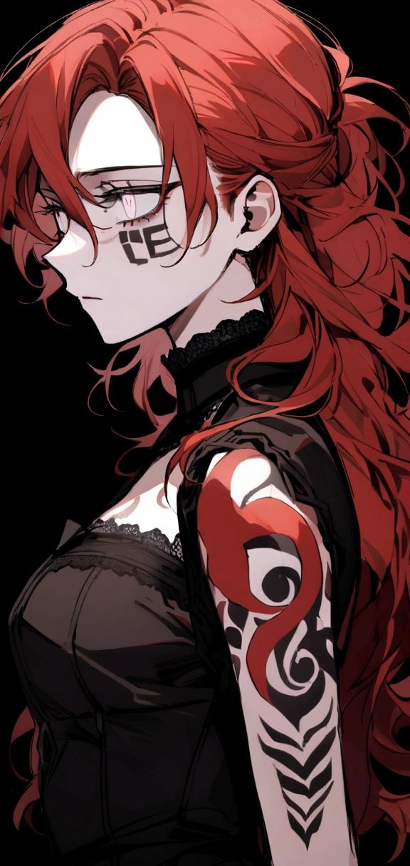 make me a female, 22 years old, red long messy hair,white eyes, she's blind, body tattoos, black outfit, emotionless face