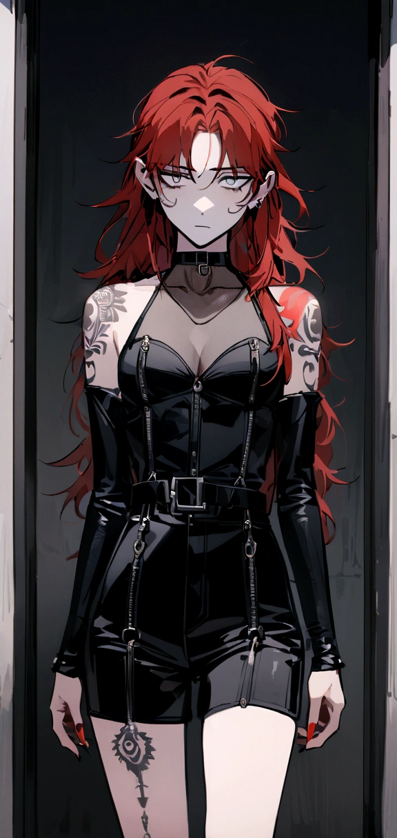 make me a female, 22 years old, red long messy hair,white eyes, she's blind, body tattoos, black outfit, emotionless face