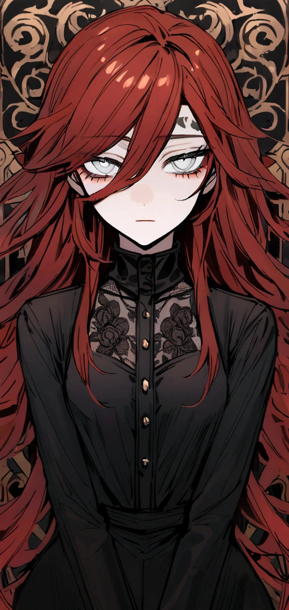 make me a female, 22 years old, red long messy hair,white eyes, she's blind, body tattoos, black outfit, emotionless face