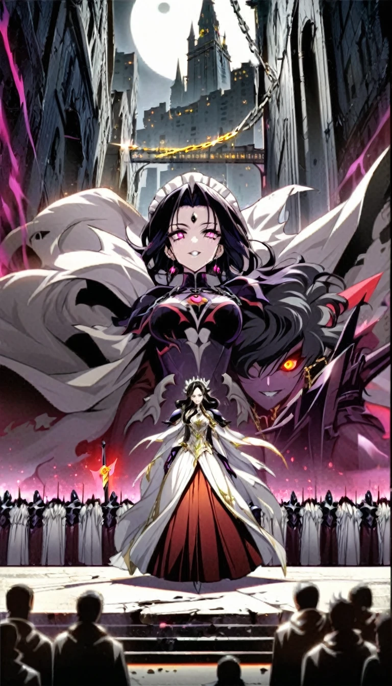 dark persona, grin, standing on pedestal, white leg armor, talking, knight, wavy hair, medium hair, Leading a ritual, dark purple eyes, audience, forehead jewel, white wing headdress, gripping spear in hand, shoulder armor, 1 female, armor, white cape, runes, evil woman Executive, white dress, Ruined city, gold decoration, black hair, moonlight, earrings, chains, yin yang, long skirt, beautiful art, depth of field, high res, perfect face, detailed outfit