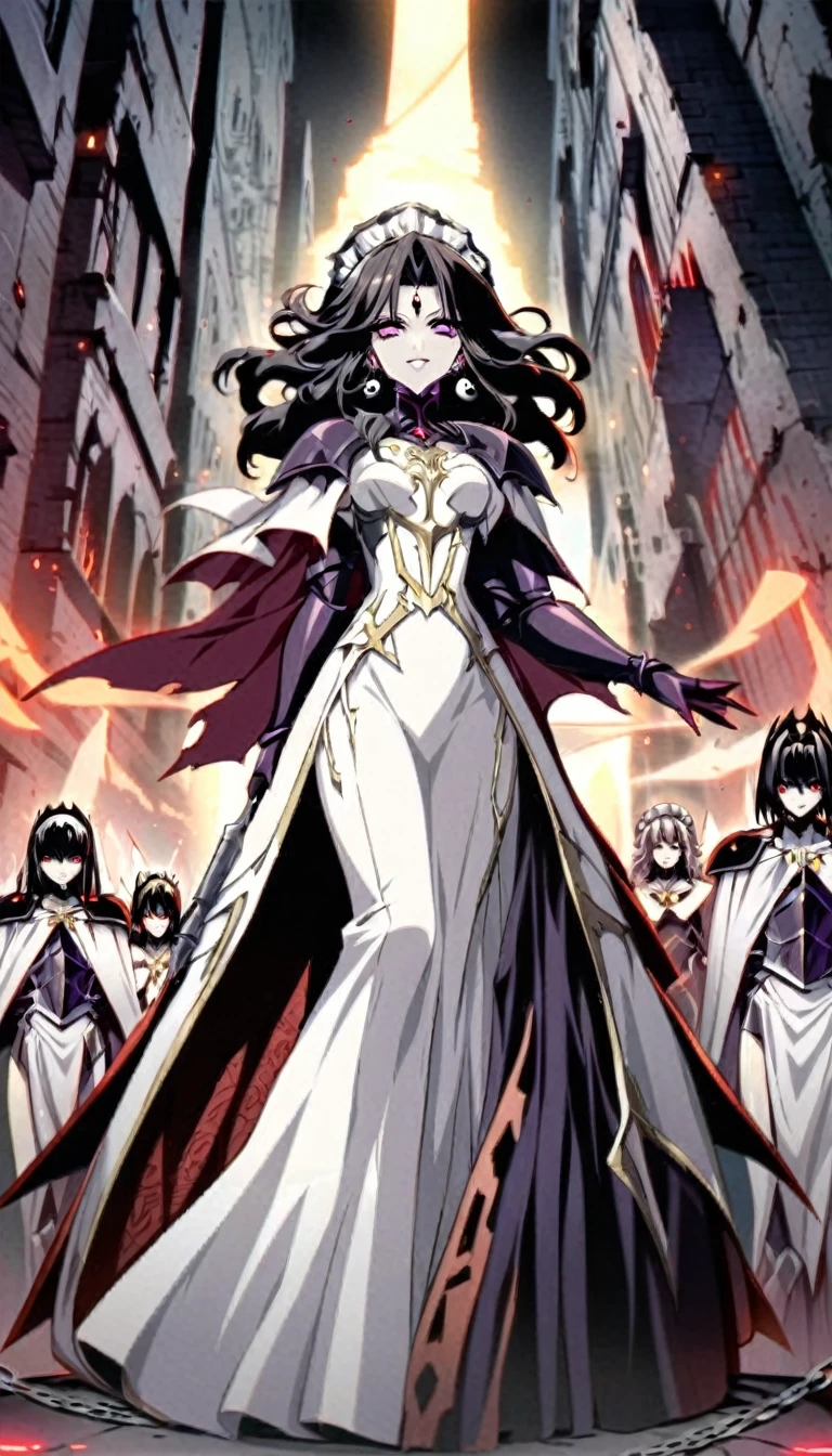 dark persona, grin, standing on pedestal, white leg armor, talking, knight, wavy hair, medium hair, Leading a ritual, dark purple eyes, audience, forehead jewel, white wing headdress, gripping spear in hand, shoulder armor, 1 female, armor, white cape, runes, evil woman Executive, white dress, Ruined city, gold decoration, black hair, moonlight, earrings, chains, yin yang, long skirt, beautiful art, depth of field, high res, perfect face, detailed outfit