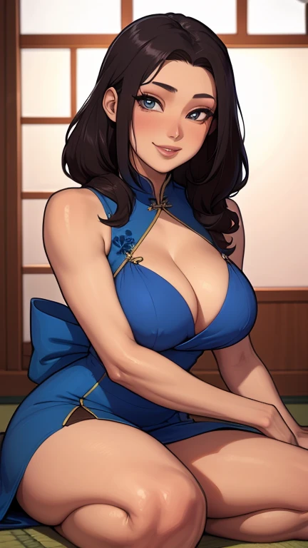 a close-up of a woman in a blue dress sitting on the floor, Japanese model, beautiful Asian, Linda mulher Asian, japanese goddess, Tithi Luadthong, IG model | artegerm, Asian, beautiful south korean woman, beautiful chinese model, Masayoshi Suto and Artegerm, beautiful seductive smile, Portrait Sophie Mudd, sexy girl