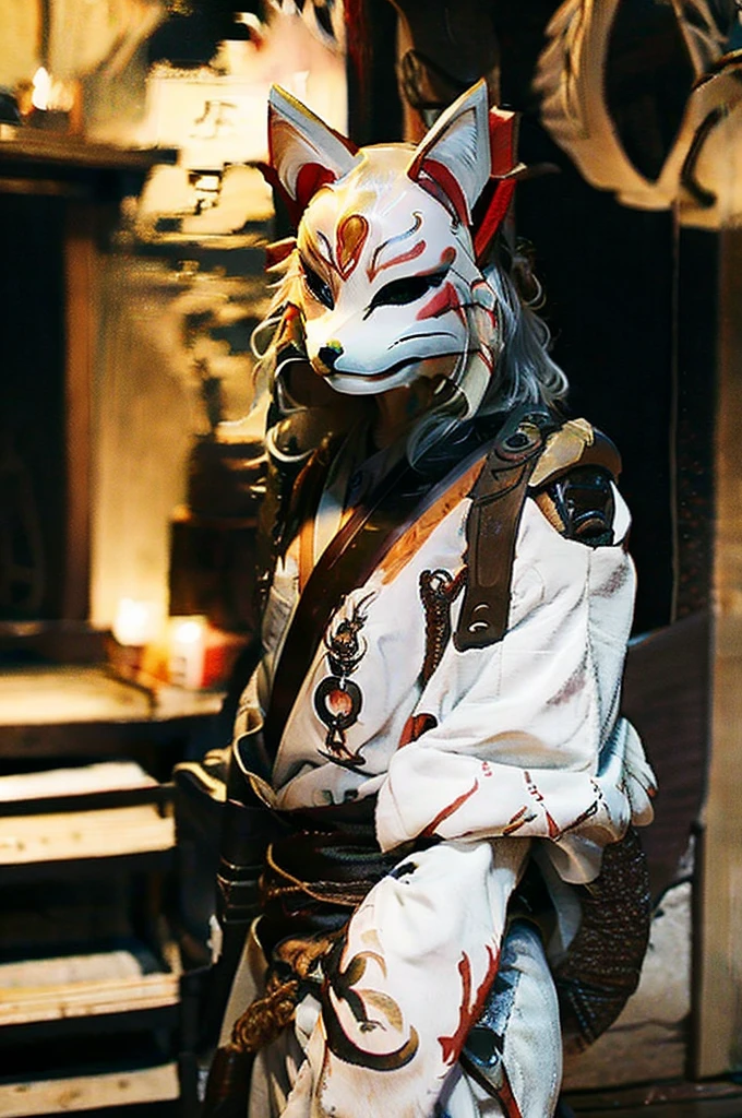 2 peopleの女性、Woman with furry face、2 people、fox mask、Fox ears、White kimono、shout、night、Japan Road、shrine、Low - Angle、Dynamic composition、Background blur