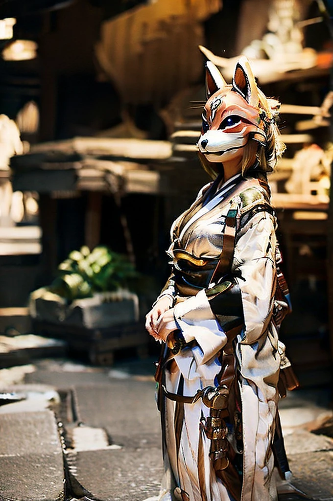 2 peopleの女性、Woman with furry face、2 people、fox mask、Fox ears、White kimono、shout、night、Japan Road、shrine、Low - Angle、Dynamic composition、Background blur