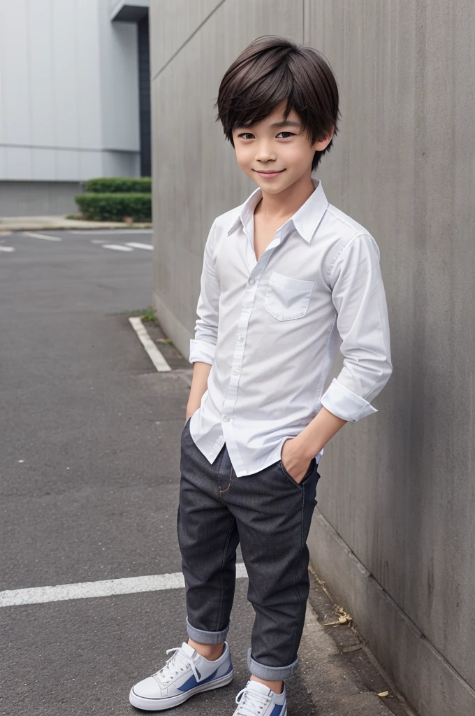 Create a boy,asian,semi white,cool, slightly muscles, brown hairs,blue eyes, school dress,white shirt with messy,grey semi narrow pants,dark black shoes,cute,little smile,anime style.