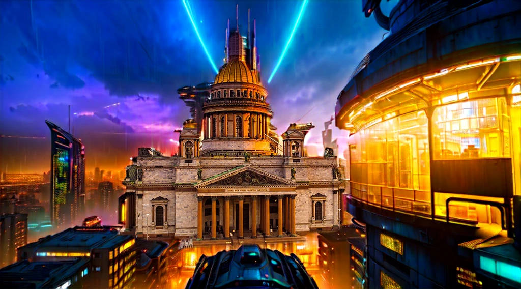 detailed cyberpunk city, futuristic architecture, flying cars, advanced technology, neon lights, rainy streets, moody atmosphere, cinematic lighting, dramatic shadows, vibrant colors, intricate details, hyper-realistic, (best quality,4k,8k,highres,masterpiece:1.2),ultra-detailed,(realistic,photorealistic,photo-realistic:1.37),concept art, cinematic composition, dystopian future, advanced transportation, advanced cityscape, science fiction, urban fantasy