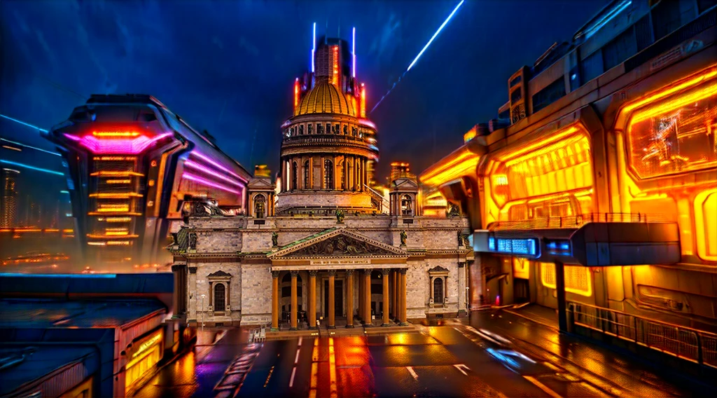 detailed cyberpunk city, futuristic architecture, flying cars, advanced technology, neon lights, rainy streets, moody atmosphere, cinematic lighting, dramatic shadows, vibrant colors, intricate details, hyper-realistic, (best quality,4k,8k,highres,masterpiece:1.2),ultra-detailed,(realistic,photorealistic,photo-realistic:1.37),concept art, cinematic composition, dystopian future, advanced transportation, advanced cityscape, science fiction, urban fantasy