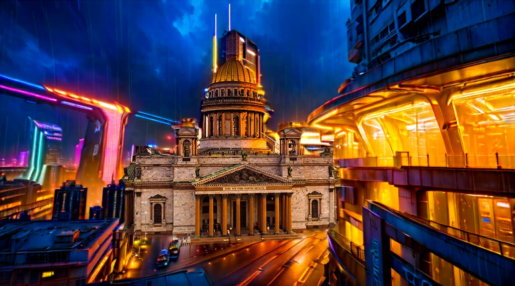 detailed cyberpunk city, futuristic architecture, flying cars, advanced technology, neon lights, rainy streets, moody atmosphere, cinematic lighting, dramatic shadows, vibrant colors, intricate details, hyper-realistic, (best quality,4k,8k,highres,masterpiece:1.2),ultra-detailed,(realistic,photorealistic,photo-realistic:1.37),concept art, cinematic composition, dystopian future, advanced transportation, advanced cityscape, science fiction, urban fantasy