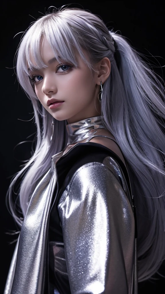 (From the waist up:1.5)((masterpiece:1.5、8k、Portraiture、フォトリアリスティックでVery detailedなCG、Very detailed、Particle Effects、Dynamic Effects、Written boundary depth、Cinematic Light、Lens flare、Ray Tracing、Tabletop、Realistic:1.4、Ultra-high resolution:1.2、Realistic、Realistic))((alone、Turtleneck dress,No sleeve、Woman in a black fur coat:1.4、Exposed sideways breast doll-like pose、Detailed face、bright表情、young, bright, Whiter skin、Small breasts:1.4、Best Looks、Ultimate beauty、Grey hair with shiny highlights:1.8、bright and shiny hair,、Arranged Hair、Hair dancing in the wind))(morning、In the background is a snowy hill overlooking the ruins...)
