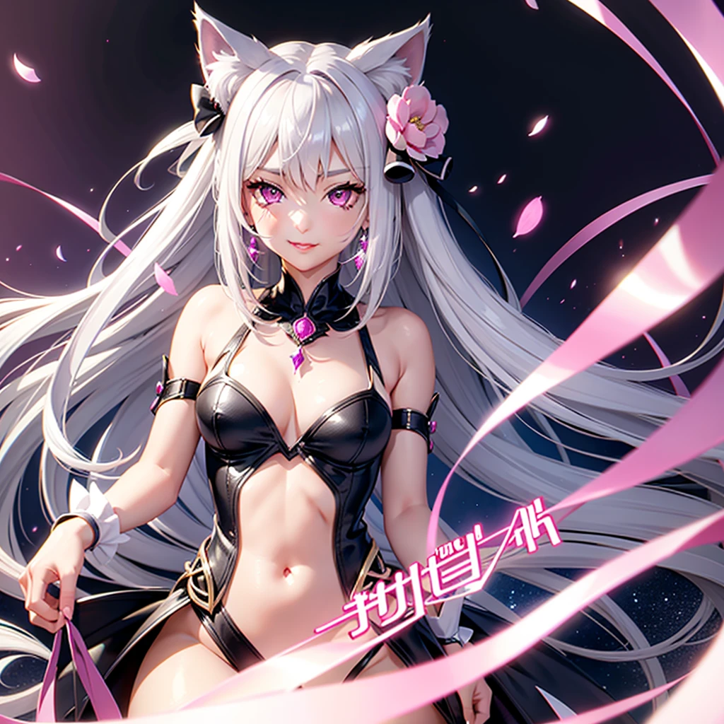 Silver hair, pink eyes, body, cat ears, sexy girl, earrings, fantasy, princess, hair bows, happy face, sexy clothes, flower background 