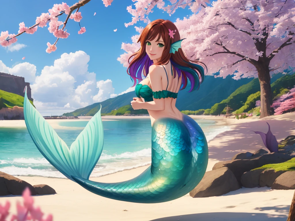 masterpiece, best quality:1.2), 1girl, smile, looking at viewer, green eyes, short brown multicolored hair, mermaid, mermaid girl, wearing purple seashell bra, laying on beach, colorful mermaid tail, outdoors, head fins, fin ears, under cherry blossoms