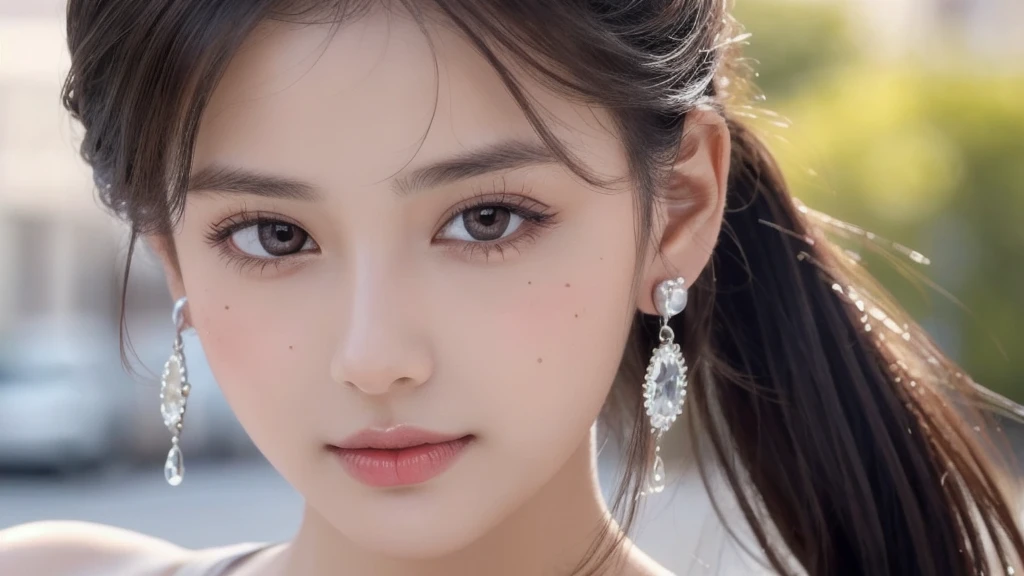 (Great picture), coffeTop quality, 8K resolution, Beautiful girl,, Beautiful mole under left eye corner, Perfect figure, ((Beautiful detailed face)), Dark hair (ponytail), Delicate makeup, Glossy lips, Long eyelashes, Silver earrings, Bright big eyes, Eye shadow, , Cute girl, Master craftsmanship, High detail, Colorful pictures, Light and shadow detail, Very delicate beautiful girl, Supple white skin, Delicate facial features, Stunningly beautiful, Extreme detail Colorful photo, light and shadow details, very delicate beautiful girl, supple white skin, delicate facial features, perfect face, stunningly beautiful, extreme details, realistic details, on the street, running, lots of sweat (water drops) on the face.