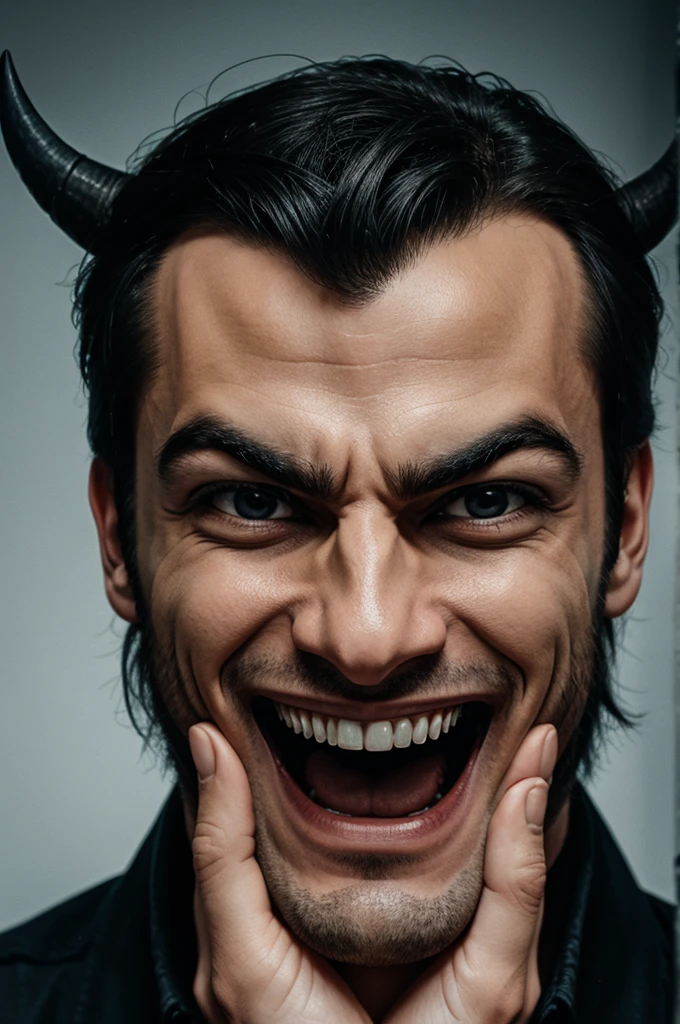 A demon holding his head and his is laughing evily