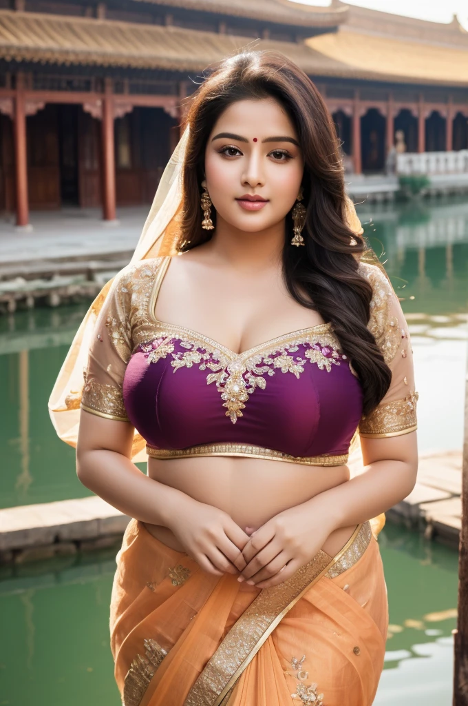 1 Heavenly beautiful and goddess beauty cute and sweet looking face Indian female in front of Wuzhen Water Town, China, Heavenly beautiful Overweight, Heavenly beautiful Extremely fat, Heavenly beautiful and attractive Chubby figure , Heavenly beautiful looking and eye catching luxury style tight fitting Indian strapless traditional blouse and sarees , reaching out, Heavenly beautiful Arabian woman, 16k, High resolution, masterpiece, highest quality, fine skin, outside view, Realistic Photograph, size 45 and waist size 32, close up face view