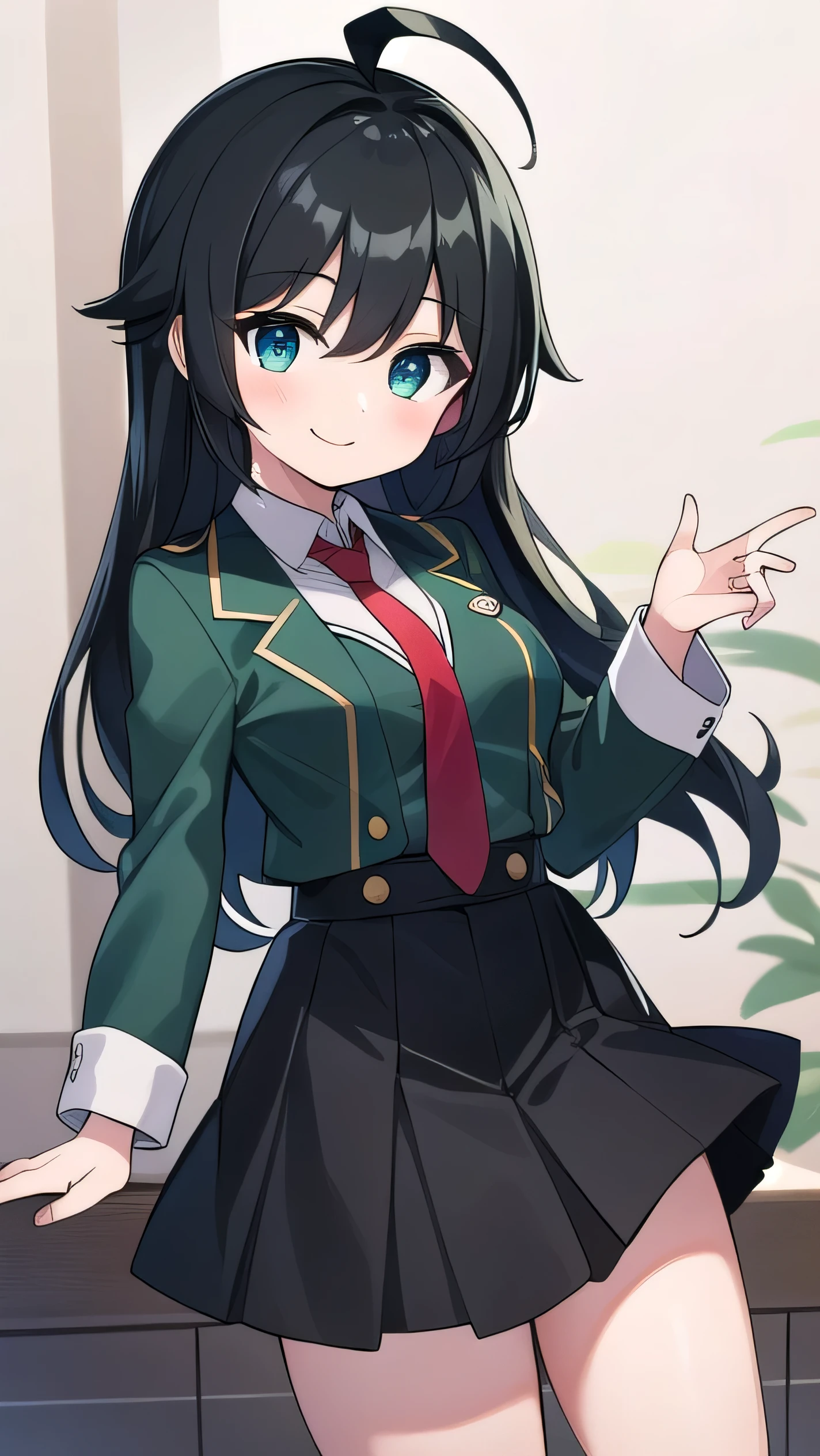 Junior high school student who looks like an elementary school student, 10 years old, very short, 140 cm tall, black hair with a slight green tinge, short ahoge, beautiful long hair but with a little hair sticking out, beautiful round eyes, blue eyes, smile, boyish, long sleeves, Thick clothes, skirt, big breasts, hair longer than waist, long hair, childish face, gentle smile, a little shy, black skirt, black hair with a slight green tinge, boyish, gentle smile, jacket one size larger, ( Deep greenish black hair: 1.3), dark green jacket, white shirt, (red tie:1.5), black skirt