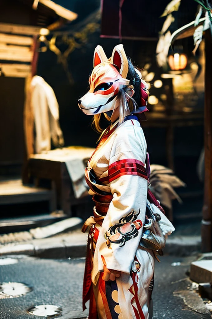 2 peopleの女性、Woman with furry face、2 people、fox mask、Fox ears、White kimono、shout、night、Japan Road、shrine、Low - Angle、Dynamic composition、Background blur