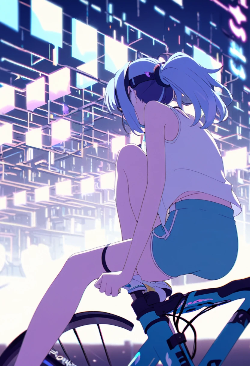 a girl sitting on top of bicycle, dolphin shorts, blue hair, ponytail, in electronic luminescence city
