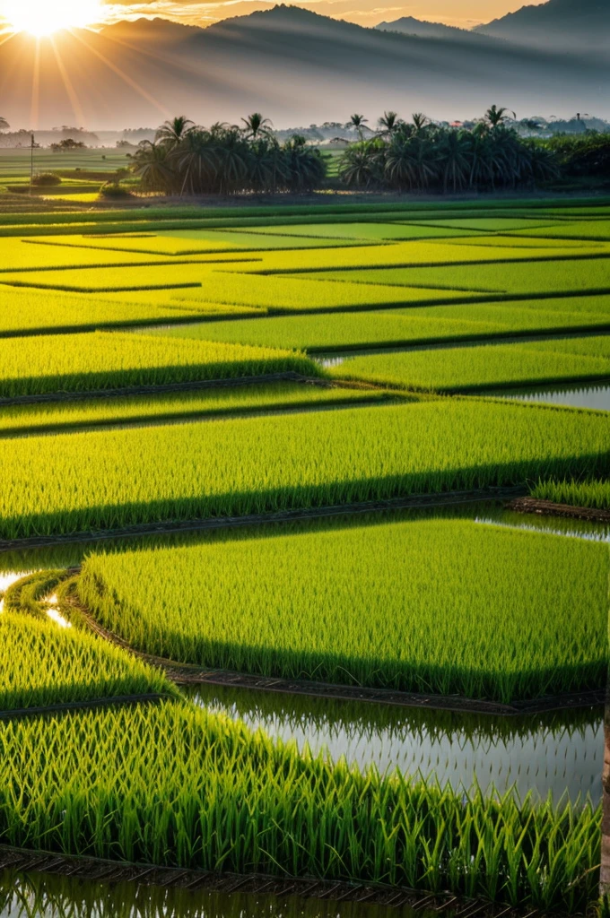 The rice fields in the morning are lit up by the sun.