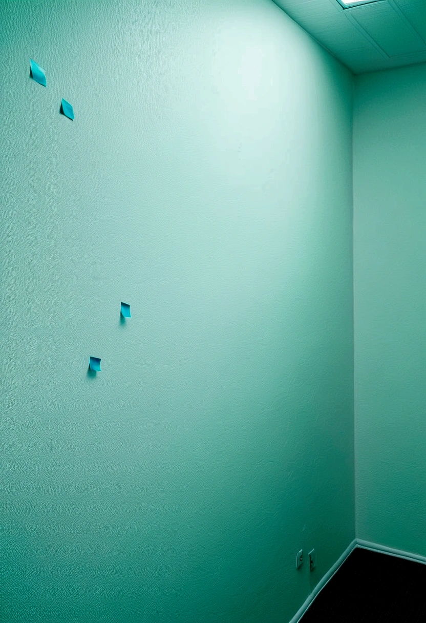 A large plain wall. There is nothing in the room except for a few blue sticky notes stuck to this plain white wall.