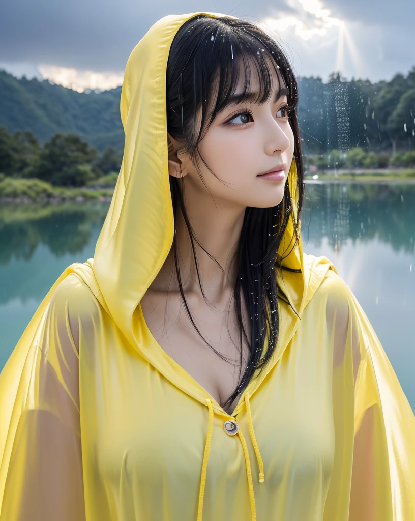 (Highest quality, 32k, High resolution, Masterpiece:1.5, ), marimo_jet, god々A photograph with brilliant dazzling and healing power., Evoking a sense of calm and elusive beauty, Expressing emotions, Have a rich imagination,Beautiful Japanese Girls, An exceptionally beautiful face, Small Face Beauty, ((Downcast profile:1.3)), Perfect Human Anatomy, Magical big eyes, Motherhood and generosity, Deep Love, fleeting smile, shiny wet black hair, Super Long Straight Silk Hair, Asymmetrical bangs, Hair between the eyes, Transparent, soft white skin, Sharp eyebrows, Thin lashes, Natural Makeup, Cheek highlighter, Pale pink detailed lips, , ((Yellow hooded raincoat:1.2)), Slim figure with ample breasts, High resolutionの美しい太もも, ((Ancient ruins submerged in a blue lake:1.3)), ((Heavy rain and dark sky:1.3)), ((A background of a faint light shining through a gap in the cloudy sky:1.3)), Professional Lighting, Professional photographer, Professional models, god秘的