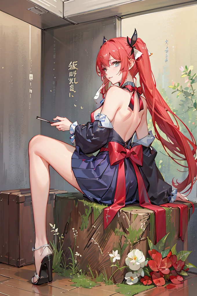 An illustration,masterpiece,girl,Bob Hair,Brown Hair,beautifuleye,Cleavage,Small breasts,(Sexy face),Cabaret Club,(VIP Room),hostess,Red backless dress,(Show me your back),(look back),Bare shoulders,((whole body:1.3)),((Black high heels:1.1)),茶色のeye,(small sparkly earrings),Close your mouth,{Depth of written border},(Particles of light:1.1).Photorealisticです、It is high resolution.、Gentle Light、1 Female、soloで、Hip Up、Glowing Skin、(A detailed face)、Hair with white waves、見る者を誘うeye、恋人eye線、inviting expression、Sexy smile、Perfection & Style、Perfect balance、Detailed skin、Naughty conflicts、I can see your chest、showing her：1.2、showing her：1.2、Horizontal feet、（At 32K、Live Shooting、Highest quality、workmanship：1.2)、(Spreading her legs wide、Spread your legs wide)、(Long twin tails)、Viewers are watching、前からeye線、Bullish、Erotic、Light blue bra、White skin、knees、(Beige pantyhose)、Absurd、Small Face、Bangs from center to center、The forehead is visible、(Embarrassed、skinny、)、workmanship、Highest quality、Ultra-high resolution、beautiful、beautiful、There is only one person、solo、Full Body、cute、Japanese women、Are standing、 （Photorealistic：1.37）、Photon interpretation、Realism、Young face、ブラウンeye、Black socks、(Red bow tie)、Radio City、Physical-based manners are cute、Maebo、Depth of written boundary、Body、Beautiful feet、Beautiful long legs、Slim legs、Tie your hair in one strand on your chest、(I can see the bangs)、lips、Blue_eye、Nose Soft、 (Shui Color)Shirt)、(Navy, blue and white checkered pleated skirt)