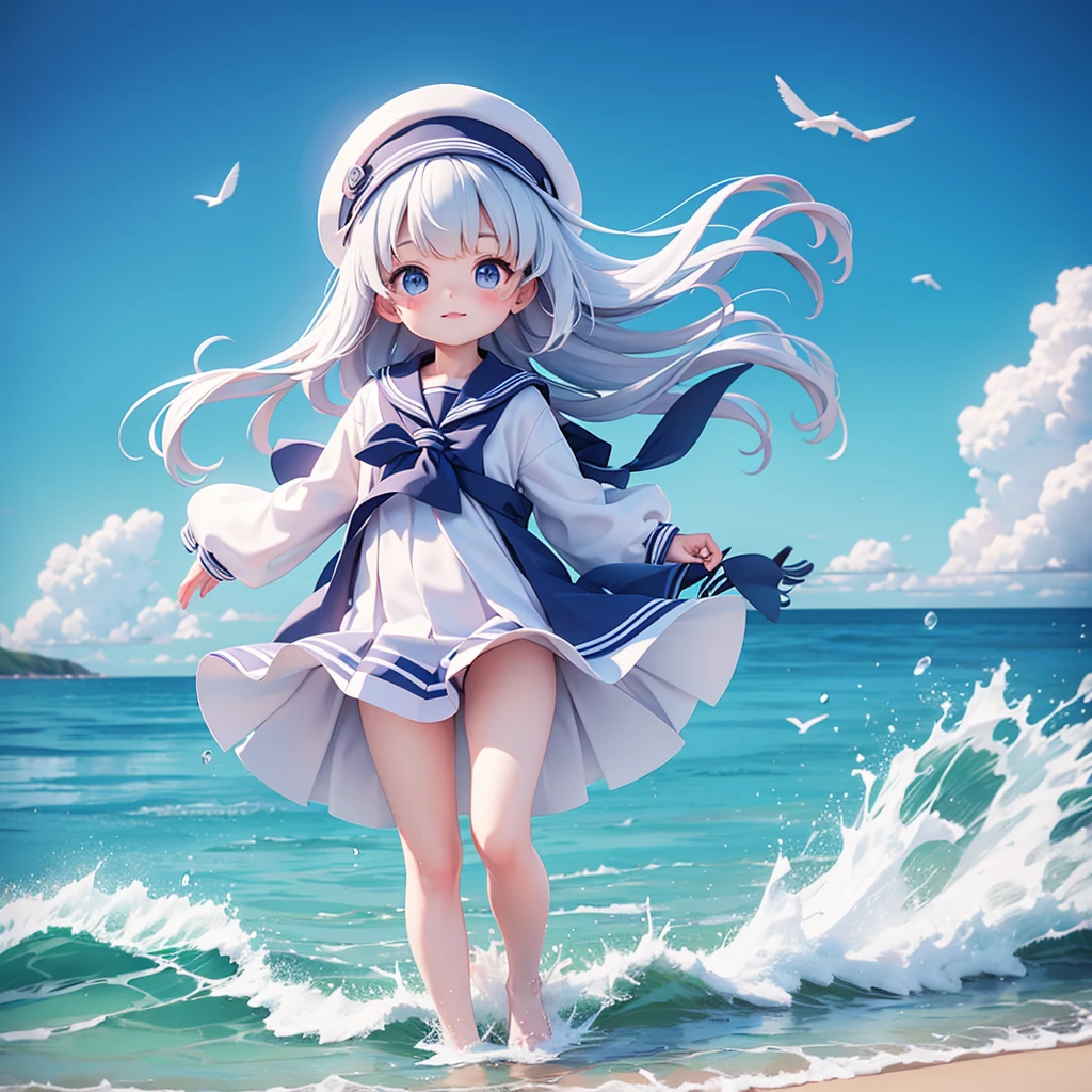 Semi-transparent sailor suit、Seaside、Highest quality、the wind is strong