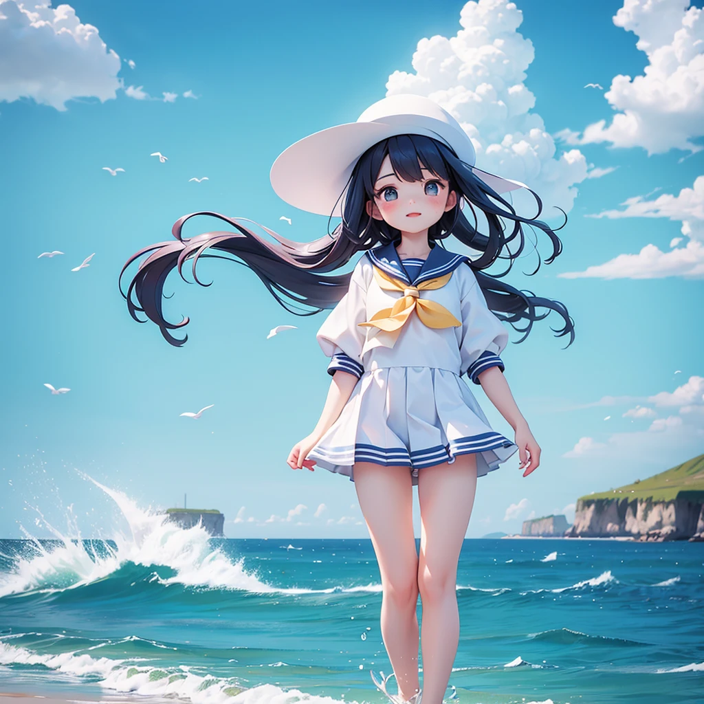 Semi-transparent sailor suit、Seaside、Highest quality、the wind is strong