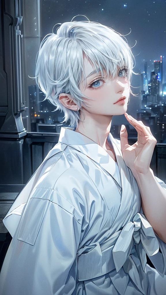 ((4K works))、​masterpiece、(top-quality)、One beautiful boy and a male with musculer、angel wings on his back, Slim body、tall、((White japanese YUKATA))、(Detailed beautiful eyes)、Fantastic Night City、((City under the stars))、Fantastic city at midnight、((Short-haired white hair))、((Smaller face))、((Neutral face))、((Bright blue eyes))、((Like a celebrity))、((Crying expression))、((sad look))、((Korean Makeup))、((elongated and sharp eyes))、((Happy dating))、((boyish))、((Upper body photography))、Professional Photos、((Shot alone))、((He is looking up at the sky under the roof))、((Shot from the side))、((Face crying in pain))、((He is looking upwards))、((His eyes are looking down))、

