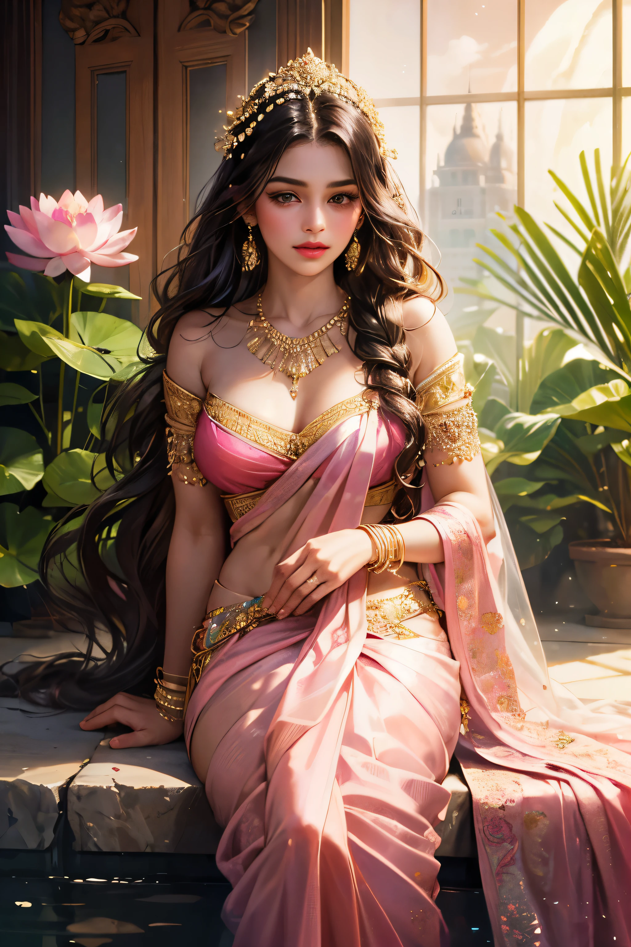 (absurderes, A high resolution, Ultra detailed, hdr), Masterpiece, Best quality, Portrait of an Indian 
Goddess Lakshmi, extreme realistic very beautiful, animated style, closeup shot, anime in a(((pink))) indian dress (((saree))), long black wavy hair untied, head jewellery, necklace, earings, armlets, bangles and bracelets, rings, pleasant expression, bright big black eyes, holding a lotus flower, natural beauty, vibrant colors, dreamy, northern light, pink bubble, romantic, soft lighting, vintage aesthetic
