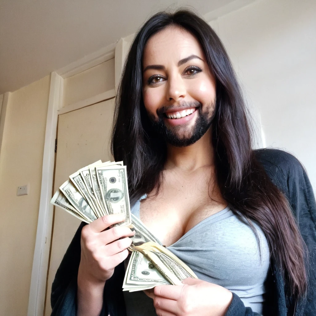 
bearded woman beautiful shaggy beard, black hair, brown eyes, eyeliner, proud smile, seductive look, hold a load of dollar bills