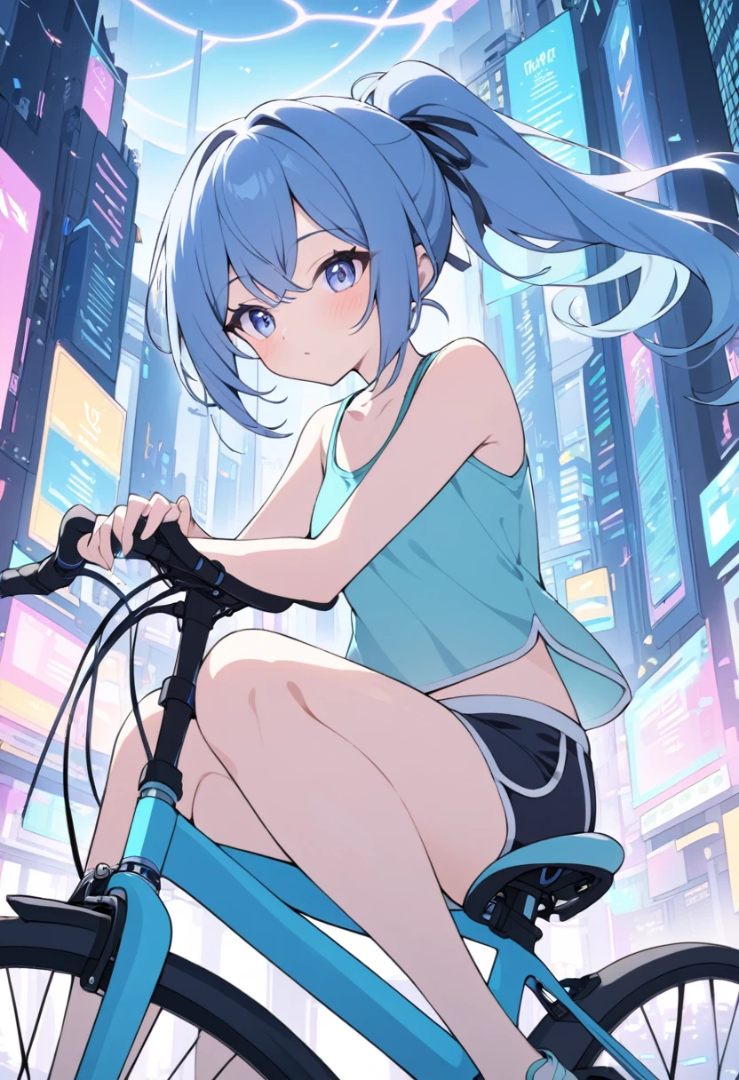 a girl sitting on top of bicycle, dolphin shorts, blue hair, ponytail, in electronic luminescence city
