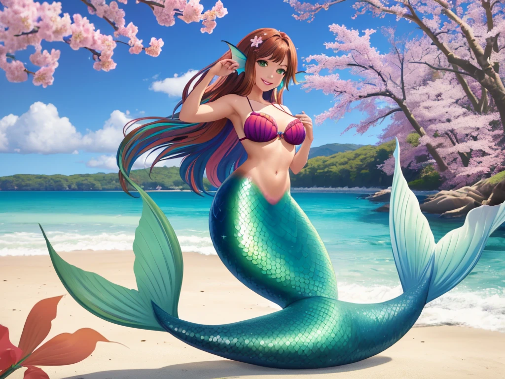 masterpiece, best quality:1.2), 1girl, smile, looking at viewer, green eyes, short brown multicolored hair, mermaid, mermaid girl, wearing purple seashell bra, sitting on beach, colorful mermaid tail, outdoors, head fins, fin ears, under cherry blossoms