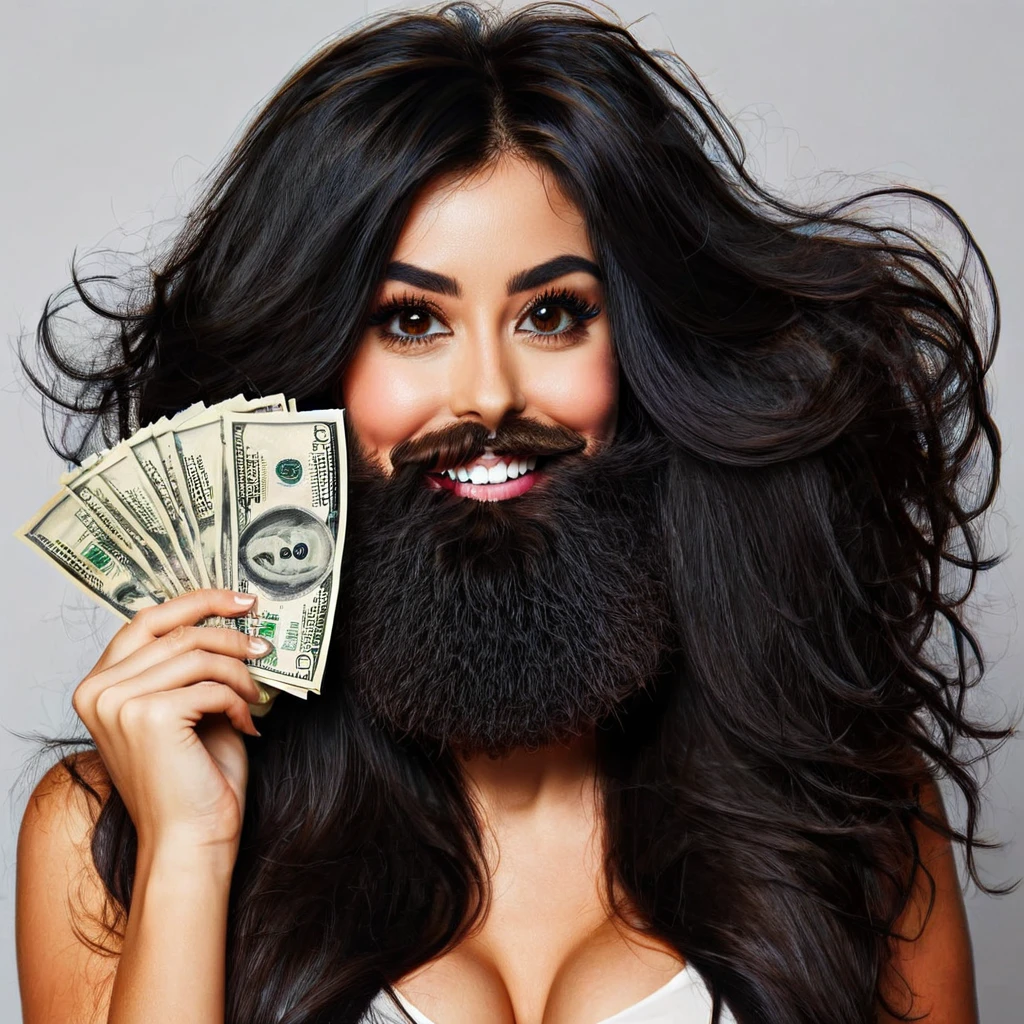 bearded woman beautiful shaggy beard, black hair, brown eyes, eyeliner, proud smile, seductive look, hold a load of dollar bills