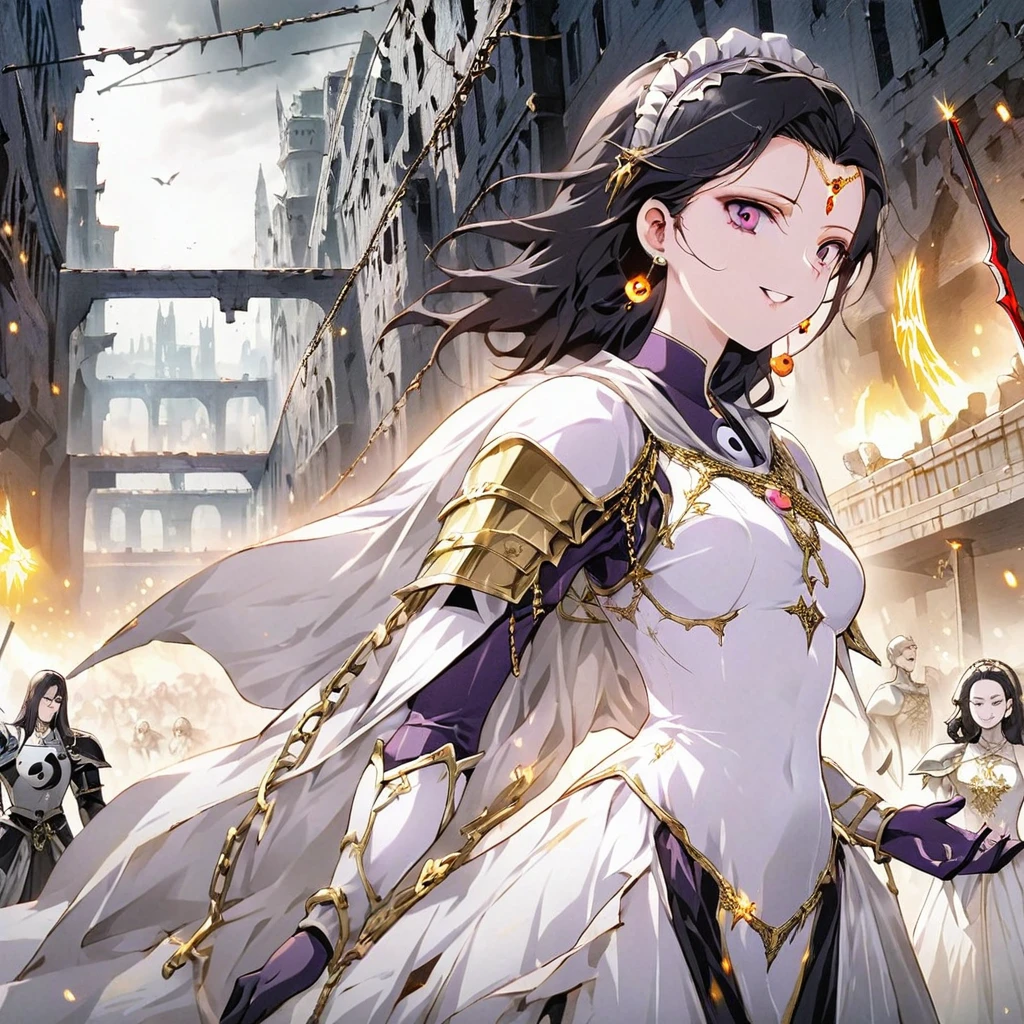dark persona, grin, standing on pedestal, white leg armor, talking, knight, wavy hair, medium hair, Leading a ritual, dark purple eyes, audience, forehead jewel, white wing headdress, gripping spear in hand, shoulder armor, 1 female, armor, white cape, runes, evil woman Executive, white dress, Ruined city, gold decoration, black hair, moonlight, earrings, chains, yin yang, long skirt, beautiful art, depth of field, high res, perfect face, detailed outfit