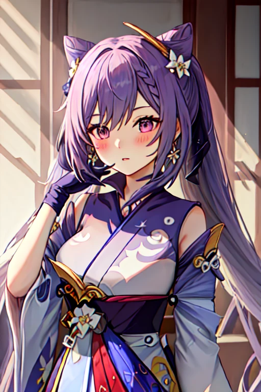 最OK质量, masterpiece, high resolution, Solitary, {White Kimono:1.35}, {also red:1.35}, {Wide sleeves:1.20}, {Keqing_Genshin Impact:1.15}, long_hair, purple_hair, purple_Eye, hair_OK, cone_hair_OK, Double tail, Bangs, double_OK, breast, hair_Decorations, blush, Weaving, Moderate_breast, closure_Mouth