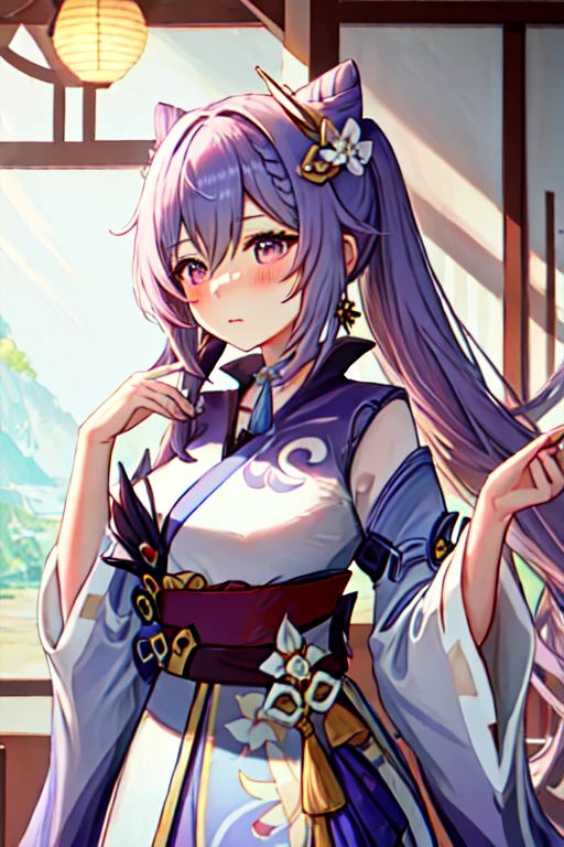 最OK质量, masterpiece, high resolution, Solitary, {White Kimono:1.35}, {also red:1.35}, {Wide sleeves:1.20}, {Keqing_Genshin Impact:1.15}, long_hair, purple_hair, purple_Eye, hair_OK, cone_hair_OK, Double tail, Bangs, double_OK, breast, hair_Decorations, blush, Weaving, Moderate_breast, closure_Mouth