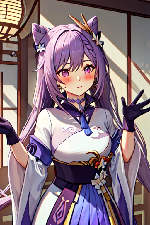 最OK质量, masterpiece, high resolution, Solitary, {White Kimono:1.35}, {also red:1.35}, {Wide sleeves:1.20}, {Keqing_Genshin Impact:1.15}, long_hair, purple_hair, purple_Eye, hair_OK, cone_hair_OK, Double tail, Bangs, double_OK, breast, hair_Decorations, blush, Weaving, Moderate_breast, closure_Mouth